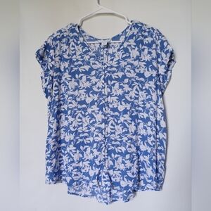 Liz Claiborne Womens Floral V-Neck Crinkle Fabric Blouse XL Blue/White